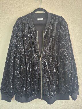 In'Voland Black Sequin Bomber Jacket Full Zip 20W Plus Size